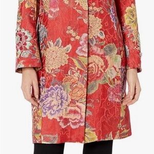 Johnny Was Red Floral Embroidered Silk Scarf Coat Panel